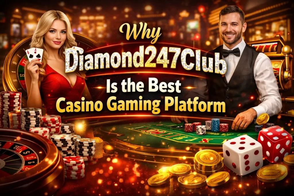 Promotional banner for Diamond247Club featuring casino chips, roulette table, dice, and live dealers with the title “Why Diamond247Club Is the Best Casino Gaming Platform” displayed in bold gold text.