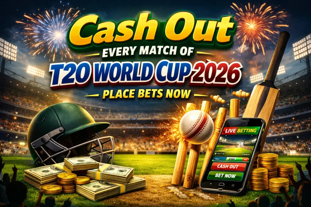 Cash out betting option for every T20 World Cup 2026 match with live cricket action, stadium background, and place bets now banner