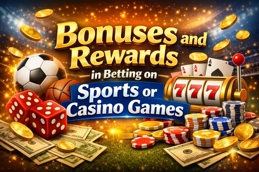 Bonuses and Rewards in Betting on Sports or Casino Games banner with soccer ball, dice, slot machine, poker chips, and gold coins.