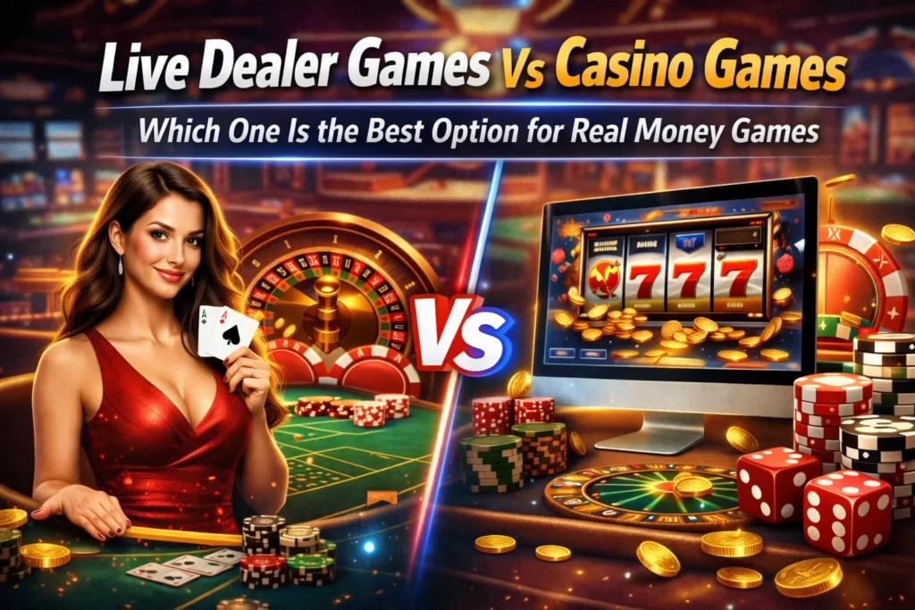 Live Dealer Games vs Casino Games comparison banner showing live dealer table on one side and online slot and roulette games on the other for real money gaming.
