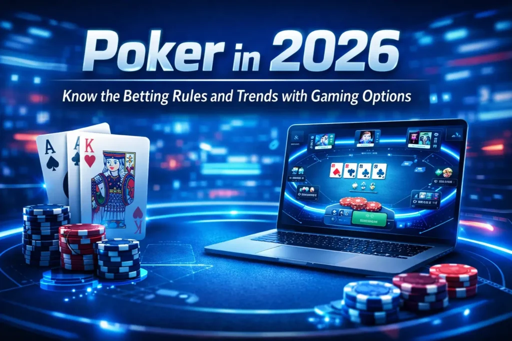 Futuristic poker banner for 2026 showing online poker table on laptop, playing cards, casino chips, and betting rules trends theme in blue background.