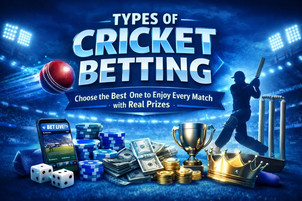 Blue themed Types of Cricket Betting banner with cricket ball, betting chips, trophy, cash prizes and stadium background.