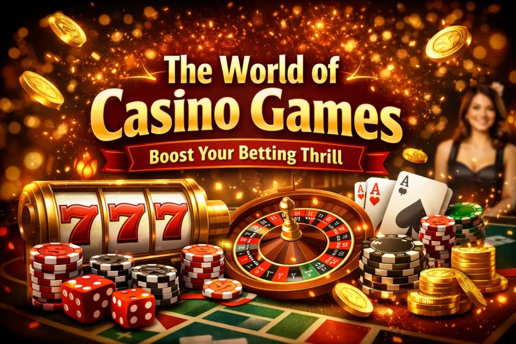 The World of Casino Games – Boost Your Betting Thrill banner featuring slot machine 777, roulette wheel, poker cards, chips, dice, and golden coins on a glowing casino background.