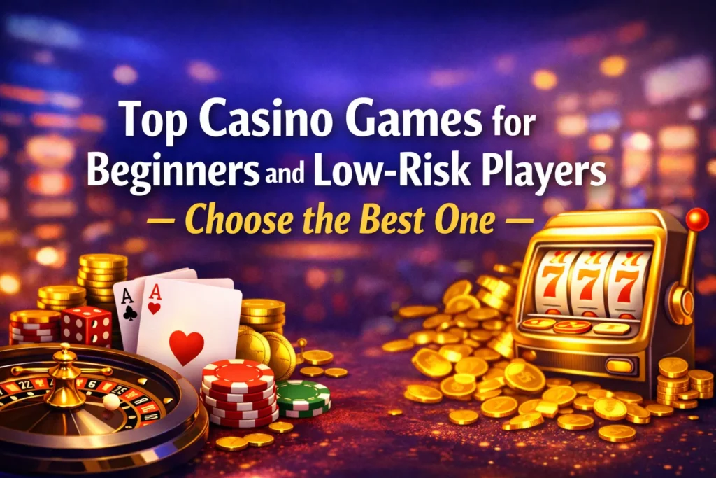 Top casino games for beginners and low-risk players with roulette wheel, poker chips, cards, and coins in blue-themed casino background