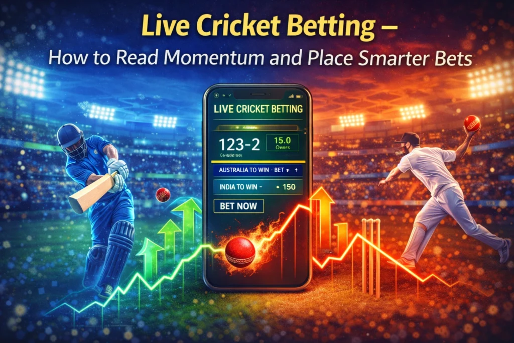Live cricket betting banner showing match momentum with rising and falling graphs, a smartphone displaying live odds, and players batting and bowling to place smarter bets.
