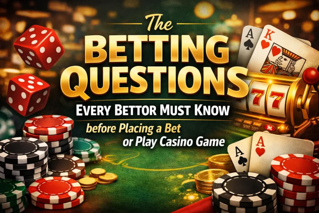 Banner image with the title “The Betting Questions Every Bettor Must Know before Placing a Bet or Play Casino Game” featuring poker chips, dice, playing cards, gold coins, and a slot machine in a casino-themed background.